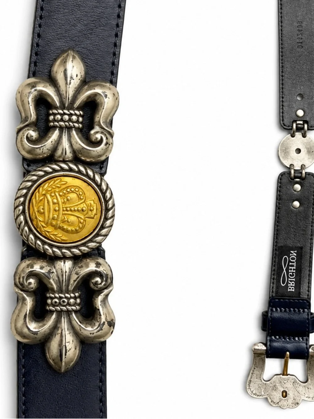 Brighton Navy Leather Belt with Gold Medallion Hardware